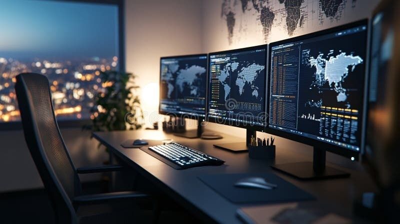 Arbeitsplatz mit drei Monitoren und Finanz- sowie Weltkarten-Dashboards